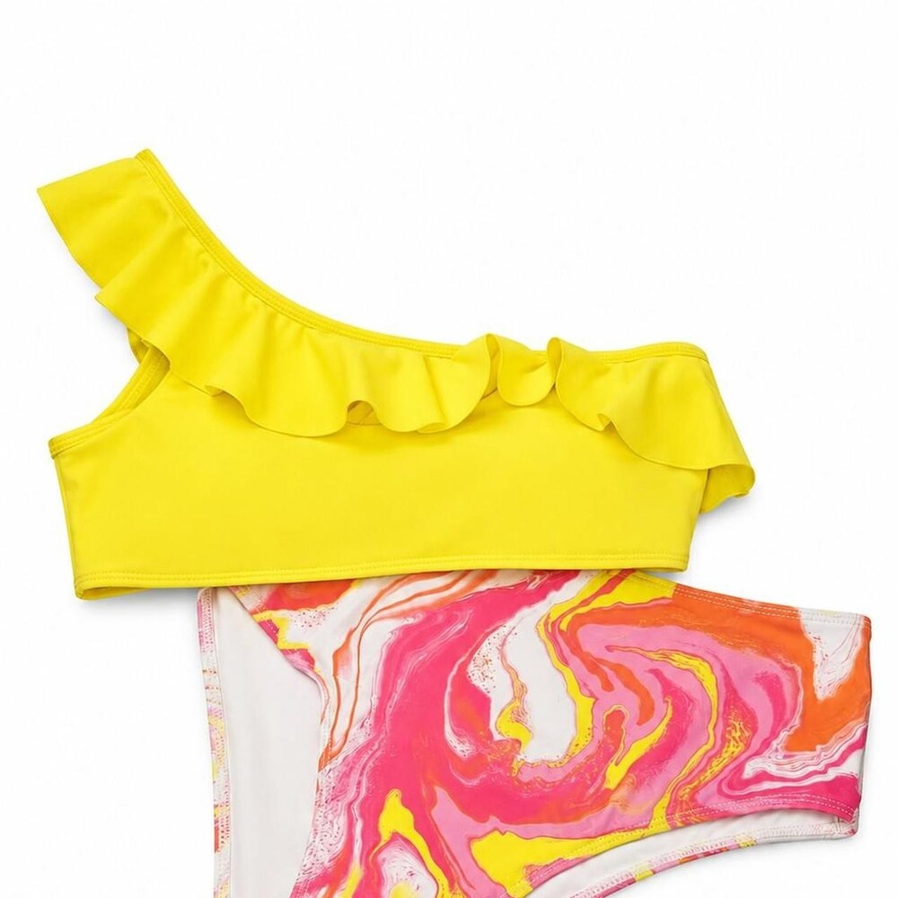 Yellow one shoulder crop top with ruffle bikini detail and pink, orange, and whi